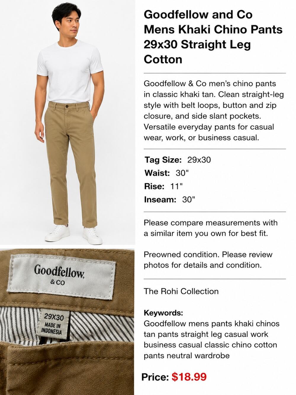 R113 Goodfellow and Co Mens Khaki Chino Pants 29x30 Straight Leg Cotton